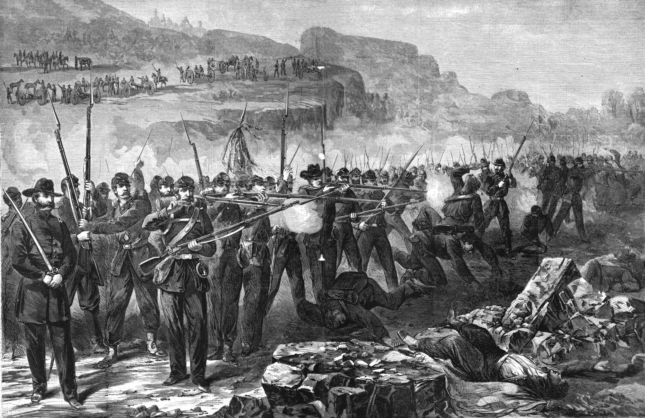 The Union firing line at Snodgrass Hill pours lead into oncoming Confederates. Men in the rear passed reloaded muskets forward to keep up the fire. At dusk on September 20, the last Federal troops retreated from Chickamauga.