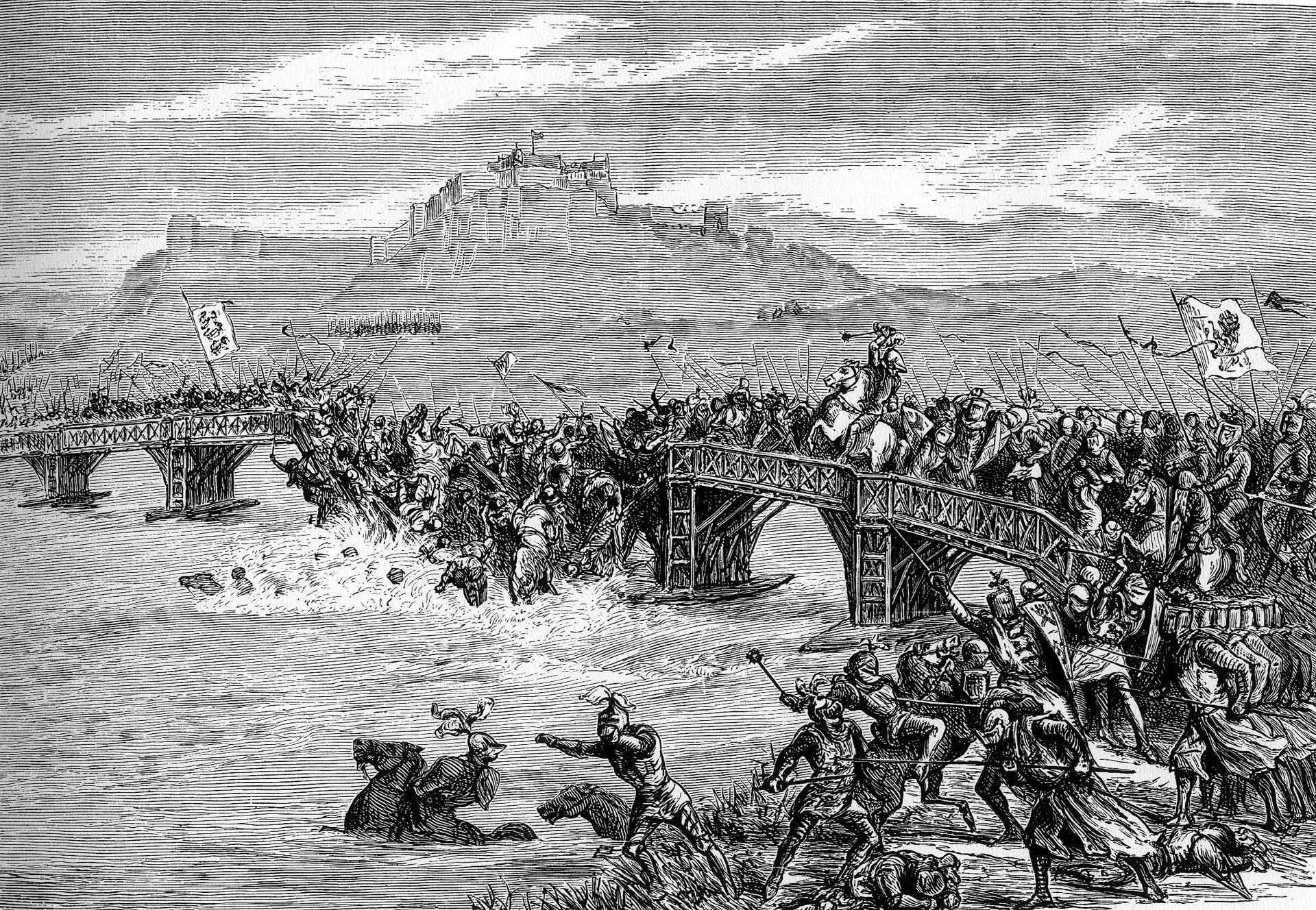 Stirling Castle looms in the background as the wooden bridge gives way under the English army. One account states that Wallace had sabotaged the bridge, but it is equally likely it simply collapsed under the weight of the heavily armored English knights.