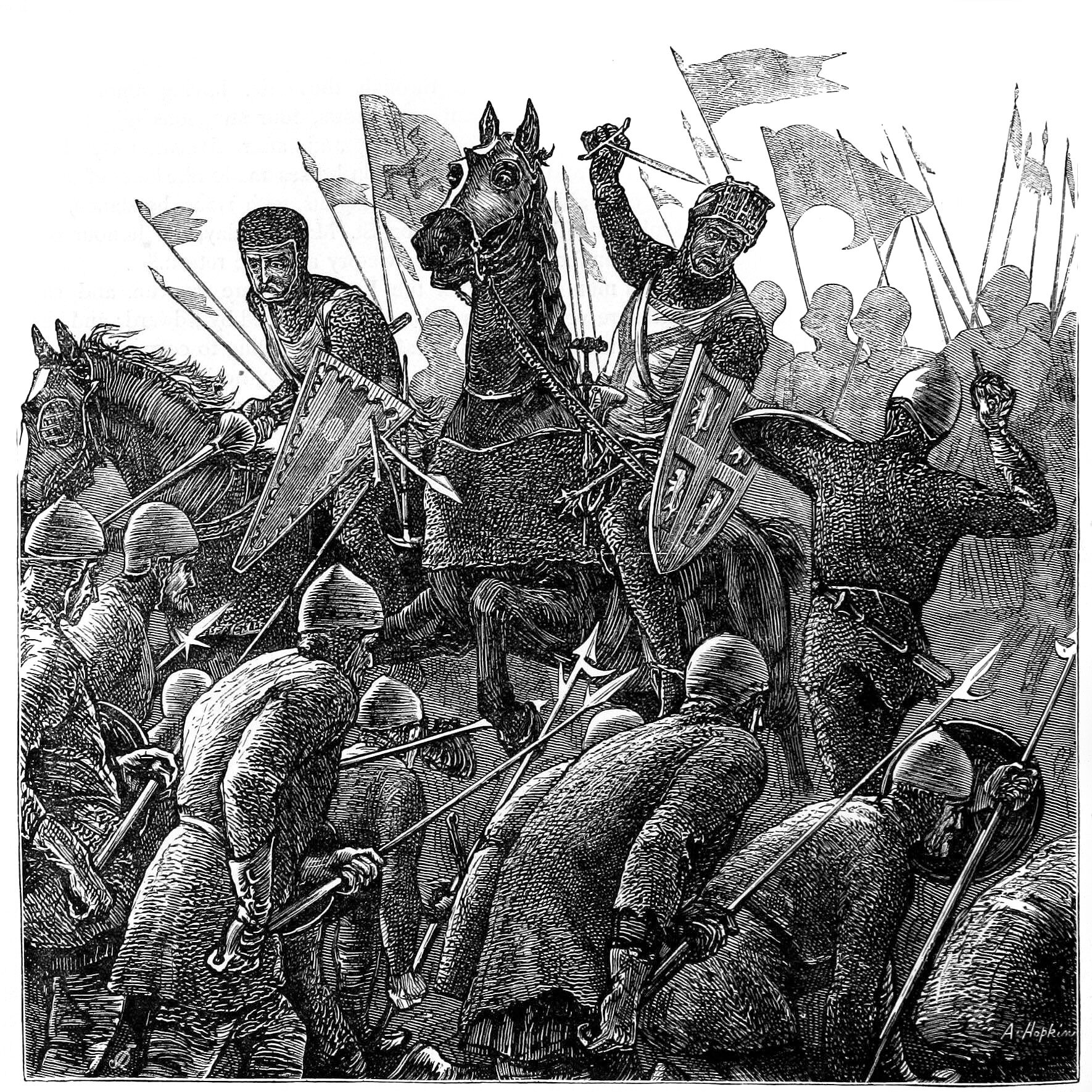 Using lances, swords, and maces, English knights overpower schiltrons drastically weakened by the English arrow storm at Falkirk.