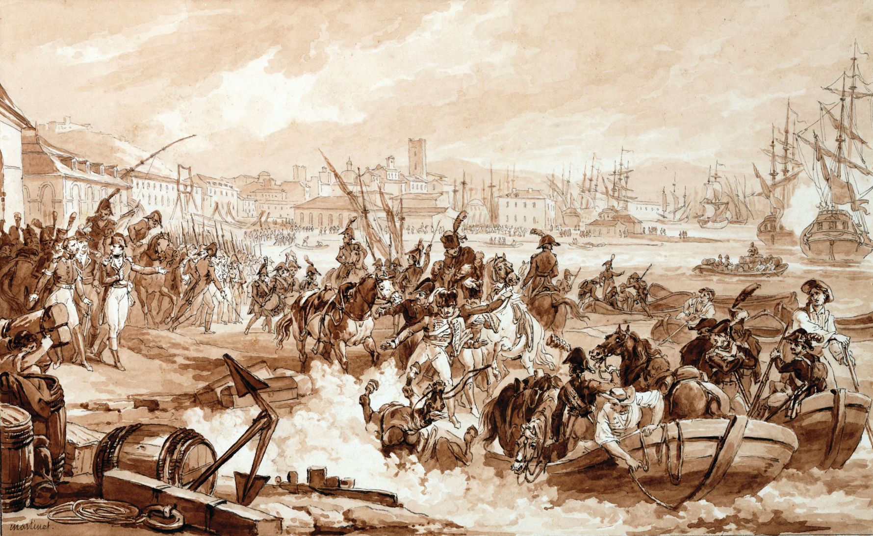 French troops embark at Toulon. Bonaparte, shown at left, played a game of cat and mouse with Rear Admiral Sir Horatio Nelson’s squadron of the British fleet in the Mediterranean Sea.