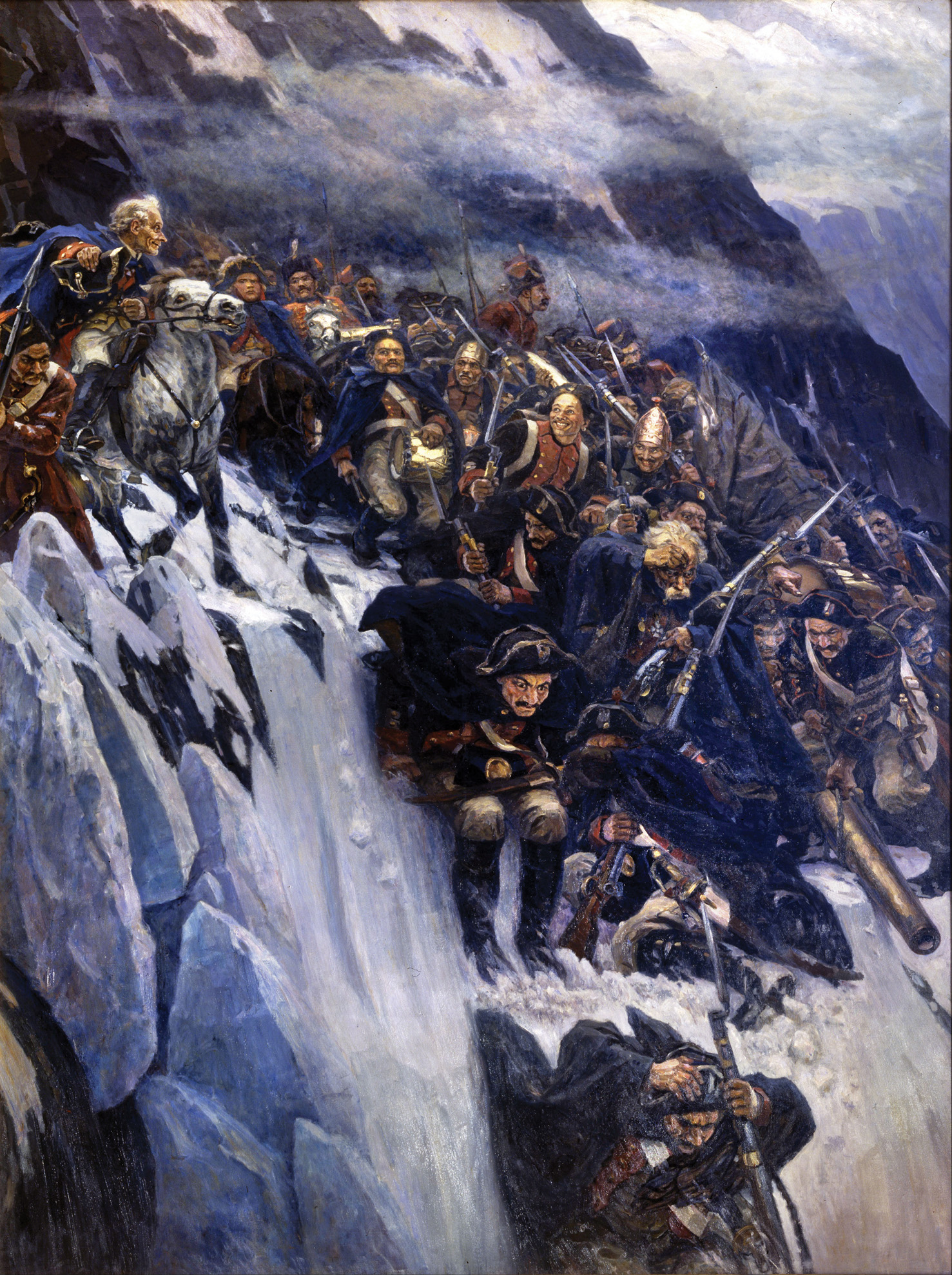 A romantic depiction of Mikhail Suvorov’s army crossing the snow-covered Alps. The brilliant Russian general successfully extracted his army from the mountains in 1799 in the face of superior French forces.