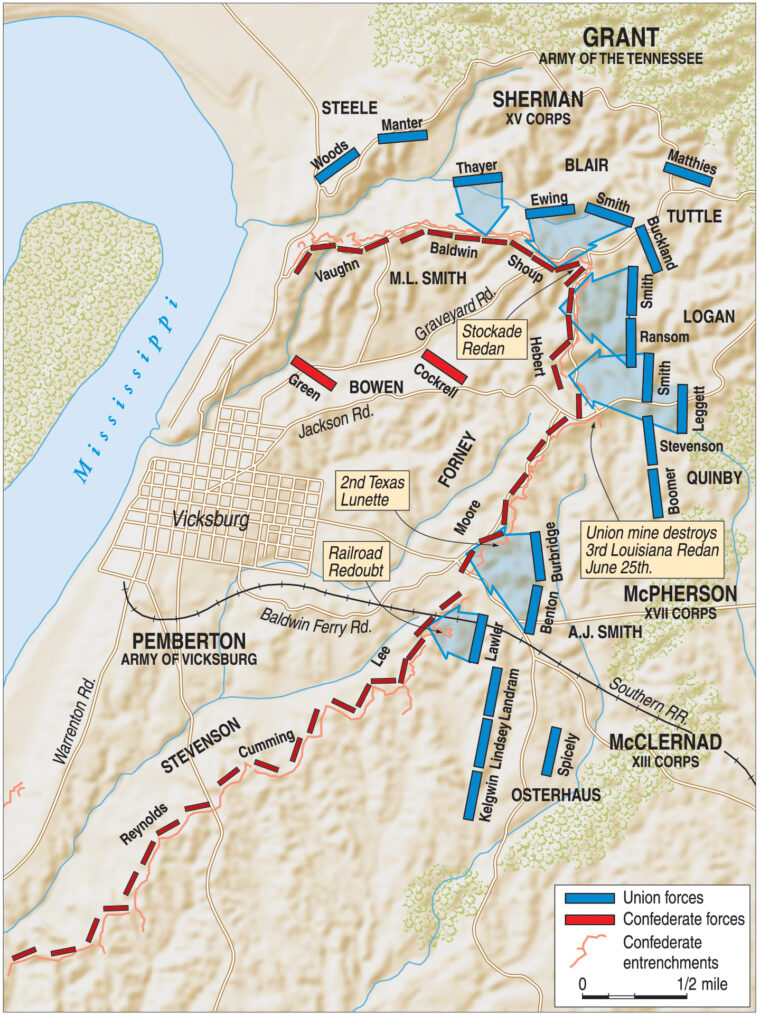 Although Confederate forces were stretched thin defending Vicksburg, they benefitted from interior lines that allowed them to shift troops more easily than the Yankees. Upon Pemberton’s surrender, Grant agreed to parole the Confederates to avoid tying up his transportation system with sending them to Northern prison camps.