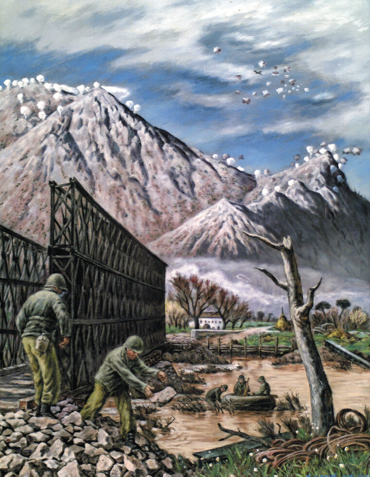 In a U.S. Army artist’s rendering, GIs have assembled a Bailey Bridge across a muddy river. The Bailey Bridge was portable, easily assembled, and added to the mobility of those that carried them. 