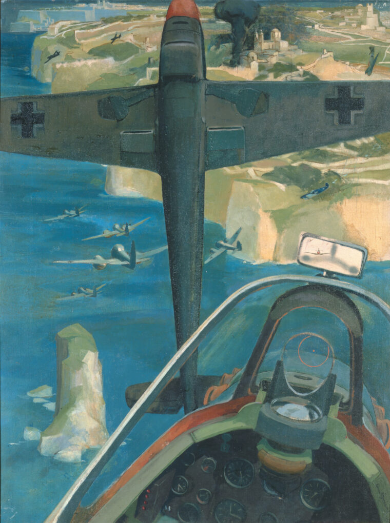 This painting by Denis A. Barnham, titled Battle Over Malta, 1942, gives a Spitfire pilot’s view of an attack on German Ju-88s and Me-109s.