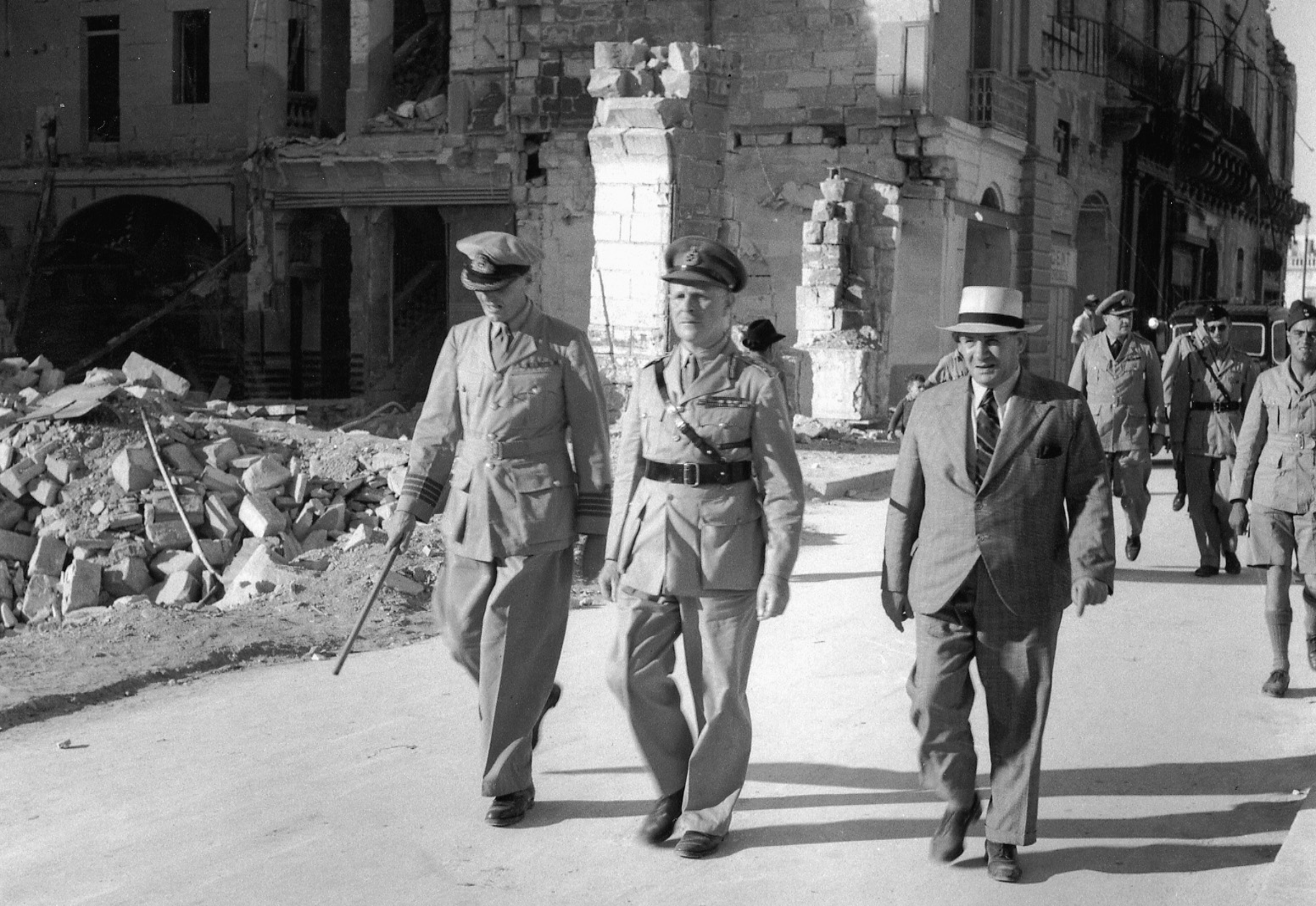 General Viscount Gort, Governor and Commander in Chief of Malta, tours bombed Valetta with members of his staff.