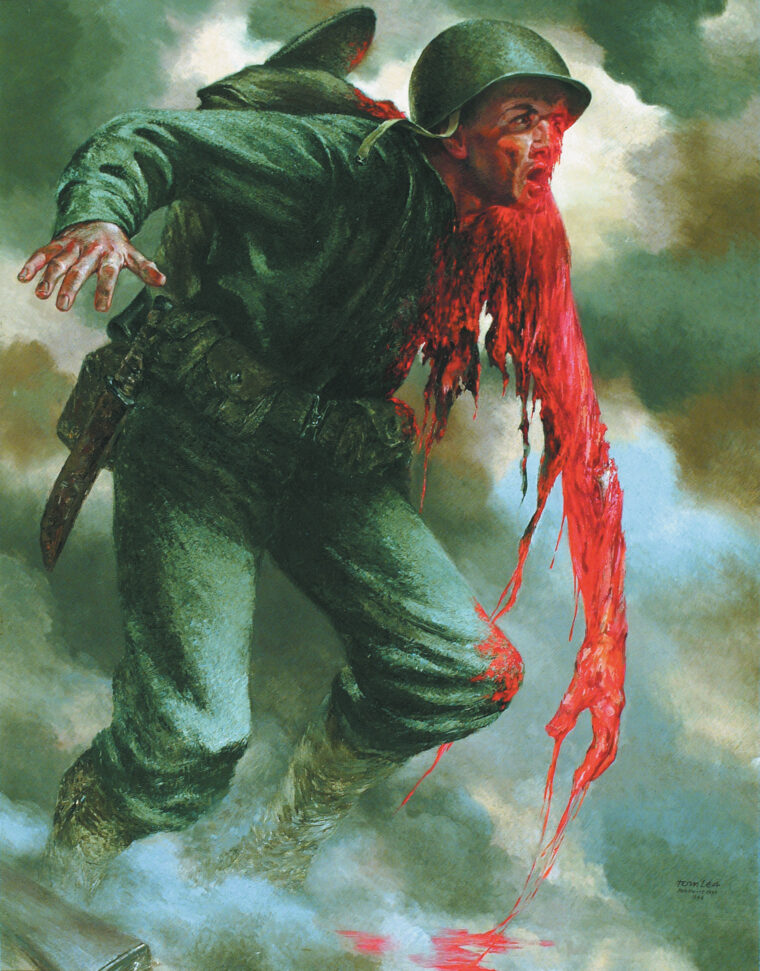 Tom Lea’s graphic depiction of a severely wounded U.S. soldier is one of many grisly scenes the artist witnessed when he landed with Marines on Peleliu. Caught in heavy combat during the assault, the Life magazine correspondant later completed a series of paintings based on his experiences during the battle. 