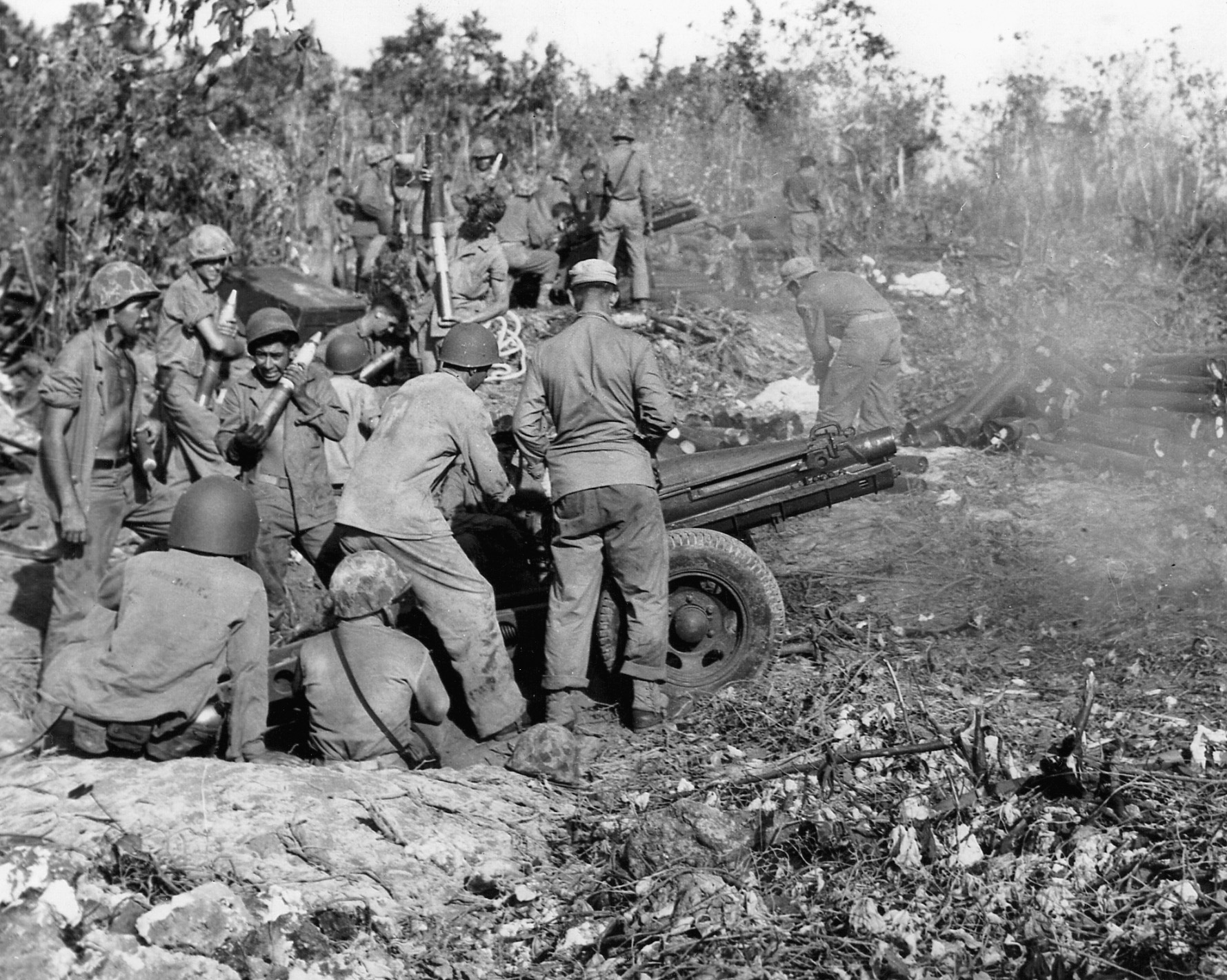 Marine artillery blasts the enemy position just outside Peleliu airfield.