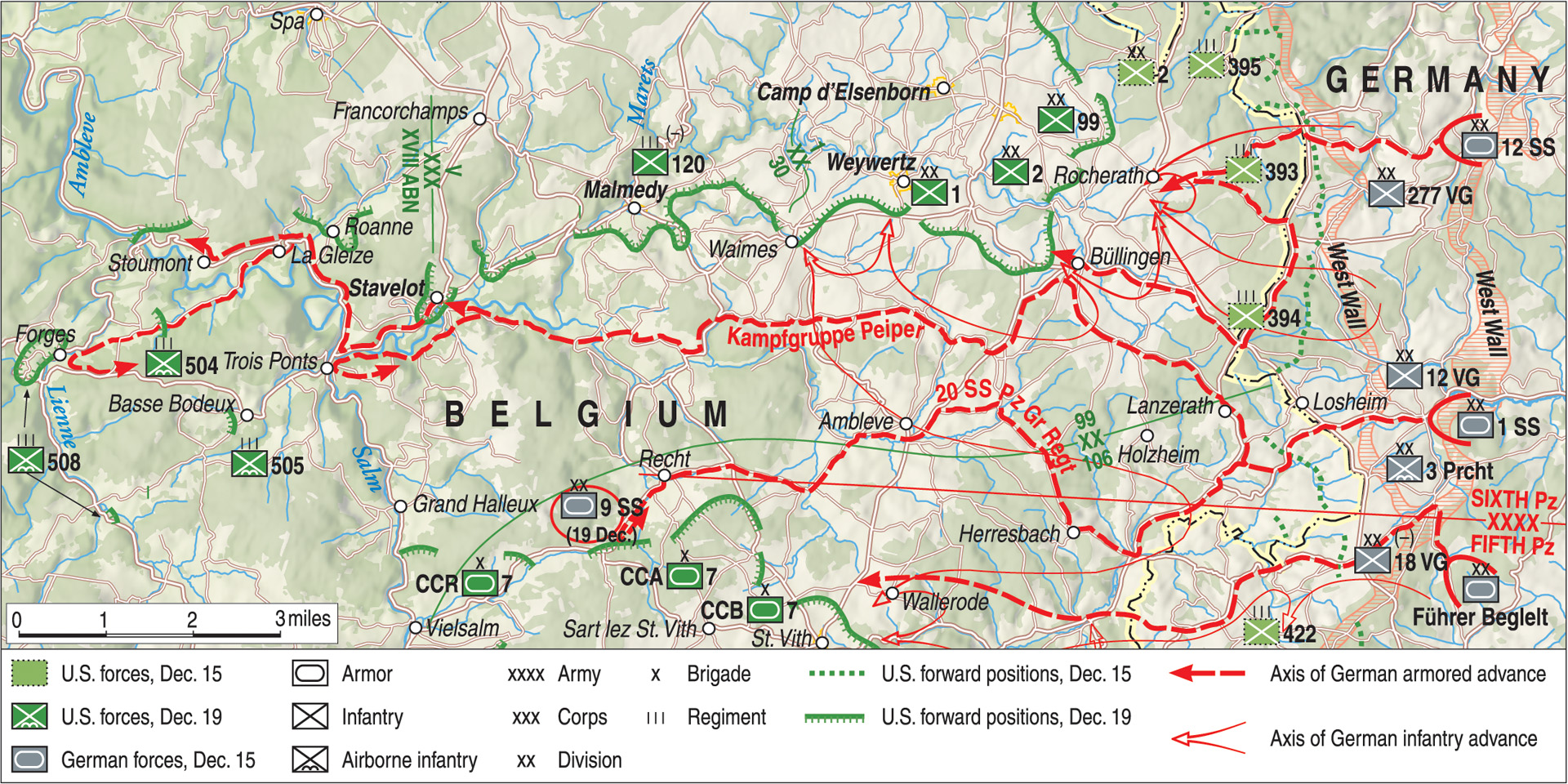 The armored spearheads of Kampfgruppe Peiper came near their goal of establishing a bridgehead across the River Meuse during the Battle of the Bulge. However, pockets of determined American resistance disrupted the delicate German timetable for the advance and caused Peiper's tanks to burn precious fuel.