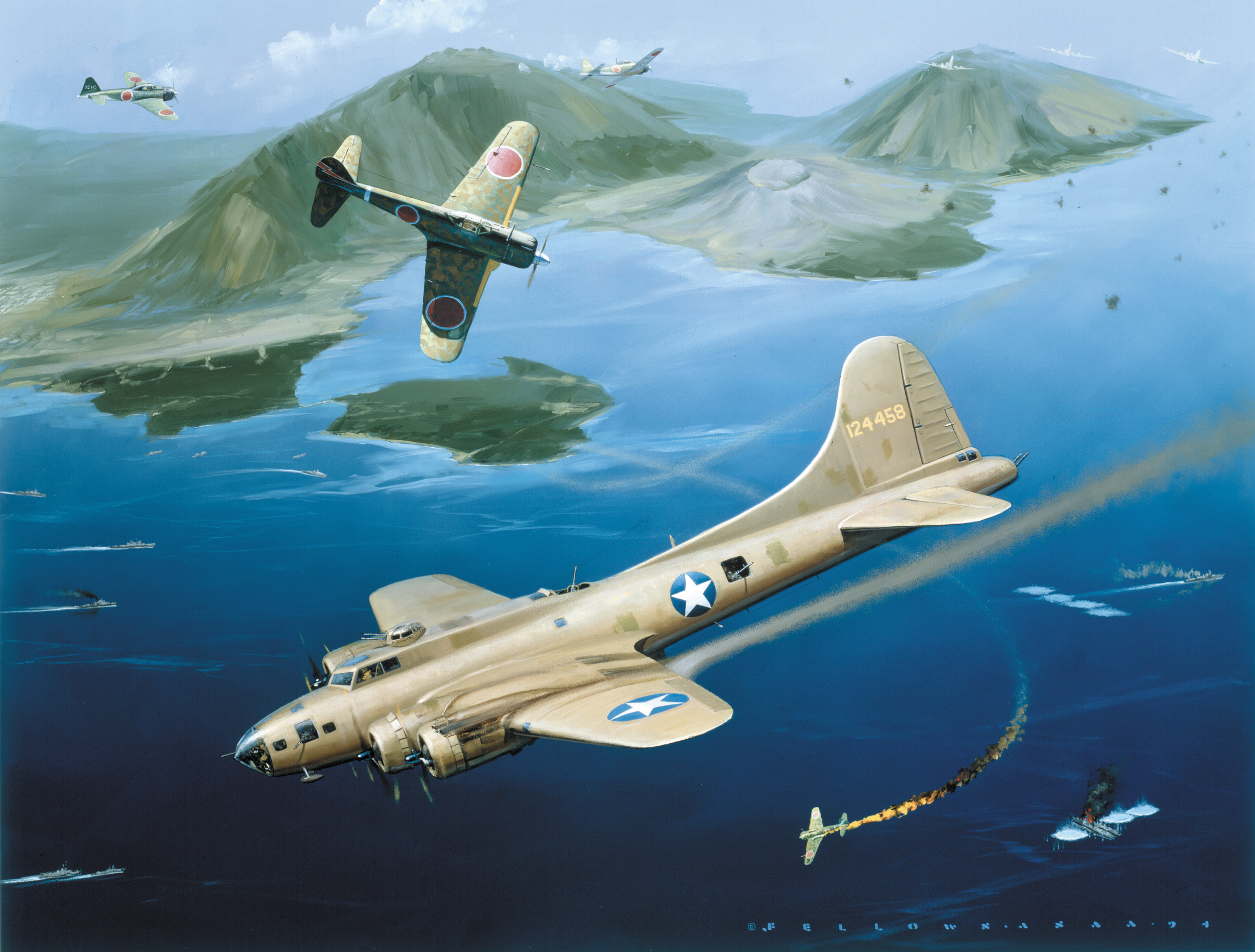 The sea stretched out beneath them, Japanese zeros swarm around a B-17 bomber during the assault on the Japanese stronghold of Rabaul in this painting by Jack Fellows.