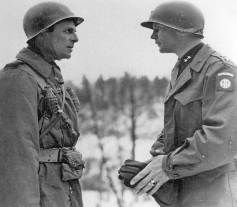 Sometime after the withdrawal of airborne troops from Holland, Maj. Gen. Matthew Ridgway (left), commander of the XVIII Airborne Corps, talks with newly promoted Maj. Gen. James M. Gavin.