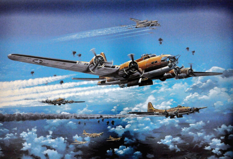 First Over Germany, a dramatic painting by artist Ray Waddey, depicts Boeing B-17 Flying Fortress bombers of the U.S. Eighth Air Force executing the first American daylight raid over Nazi Germany. The event took place on January 27, 1943, and Lieutenant Frank Yaussi served as lead bombardier for the 306th Bomb Group.
