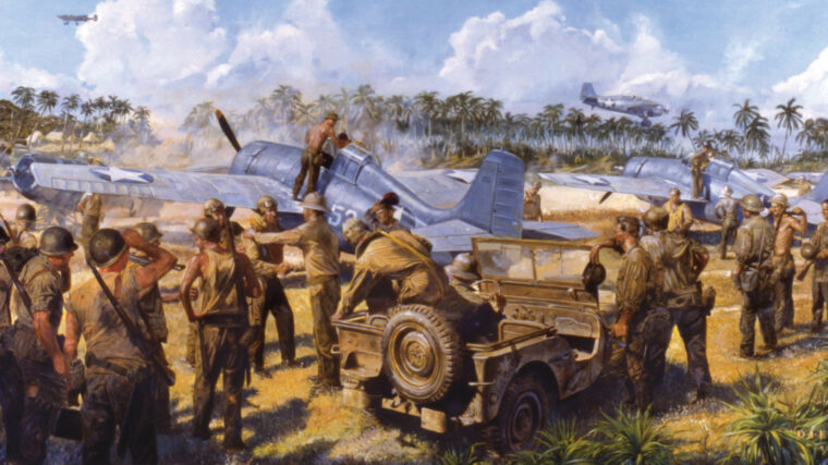 In this James Dietz painting, Foss’s Bluff Saves Guadalcanal, ground troops at Henderson Field thank squadron leader Joe Foss for his aerial heroics that saved the island airstrip. In October 1942, flying Wildcats, Foss, the leading Marine Corp fighter ace, and his men fought off a Japanese attack of 100 bombers by bluffing them into thinking there were more American planes than there actually were.