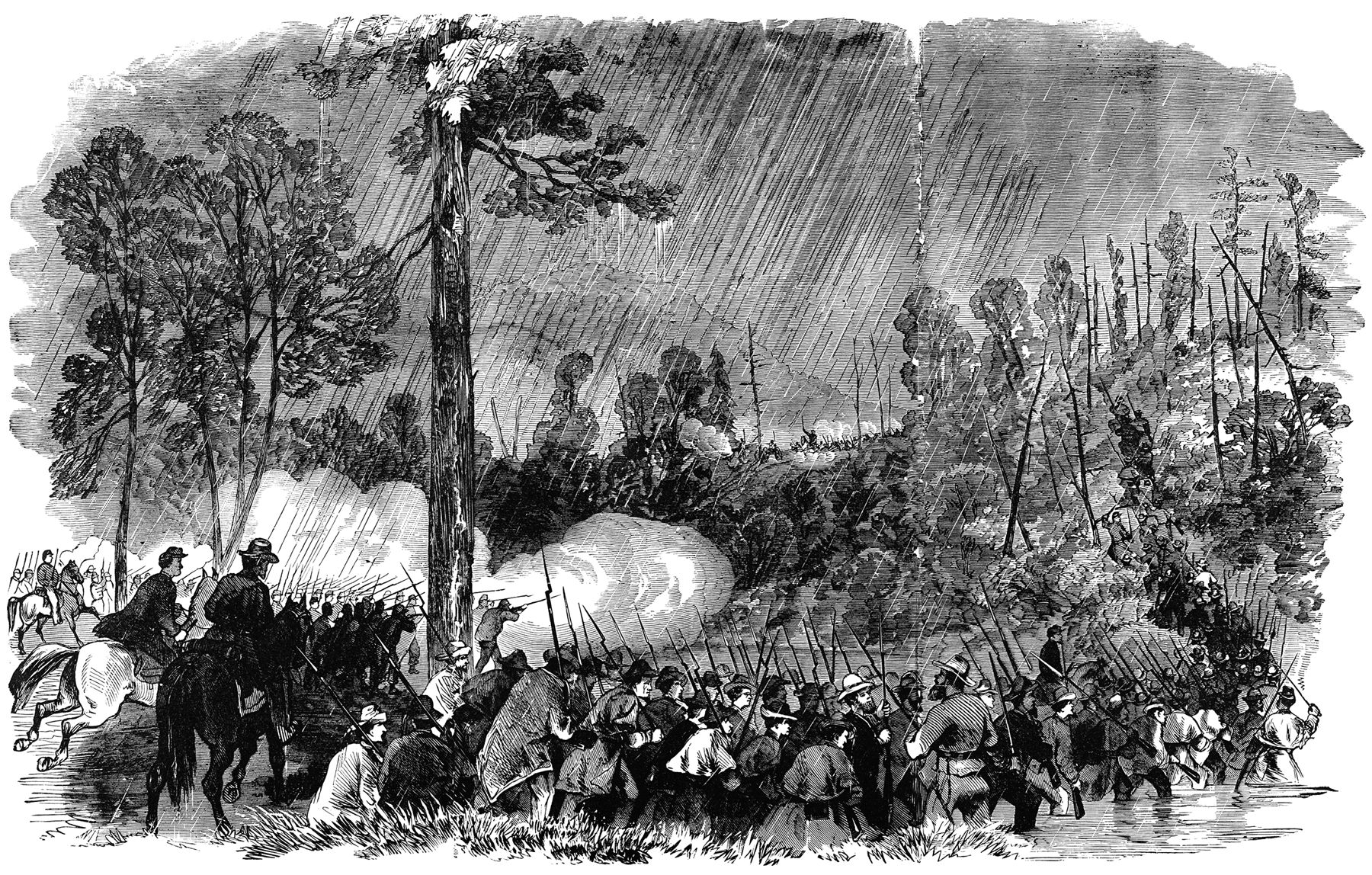 Union rifle fire killed Confederate Brig. Gen. Robert S. Garnett as he directed rearguard forces at Corrick’s Ford in the retreat from Rich Mountain. He was the first general killed in combat in the American Civil War.