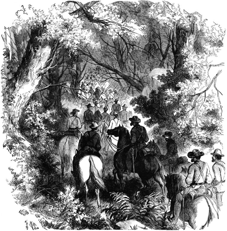 Brigadier General William S. Rosecrans’s troops conduct a flank march around the Rebel works on Rich Mountain. The Union victory forced the Confederates to abandon their defense of the northern Tygart Valley.