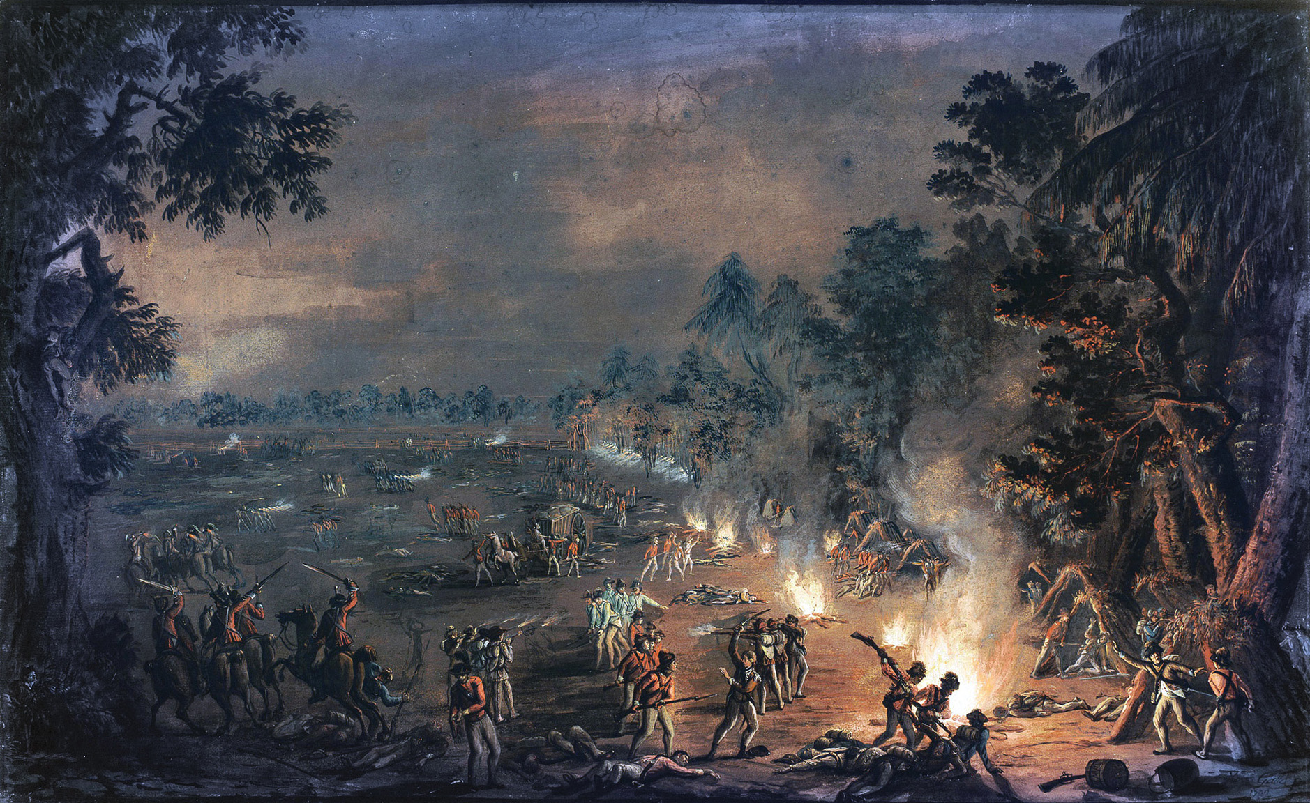 The savage night attack by British light infantry on an American camp at Paoli, Pennsylvania, is depicted in a period painting by Xavier Della Gatto. To ensure the element of surprise, British Maj. Gen. Sir Charles Grey instructed his men not to fire their weapons but instead to rely on their bayonets.