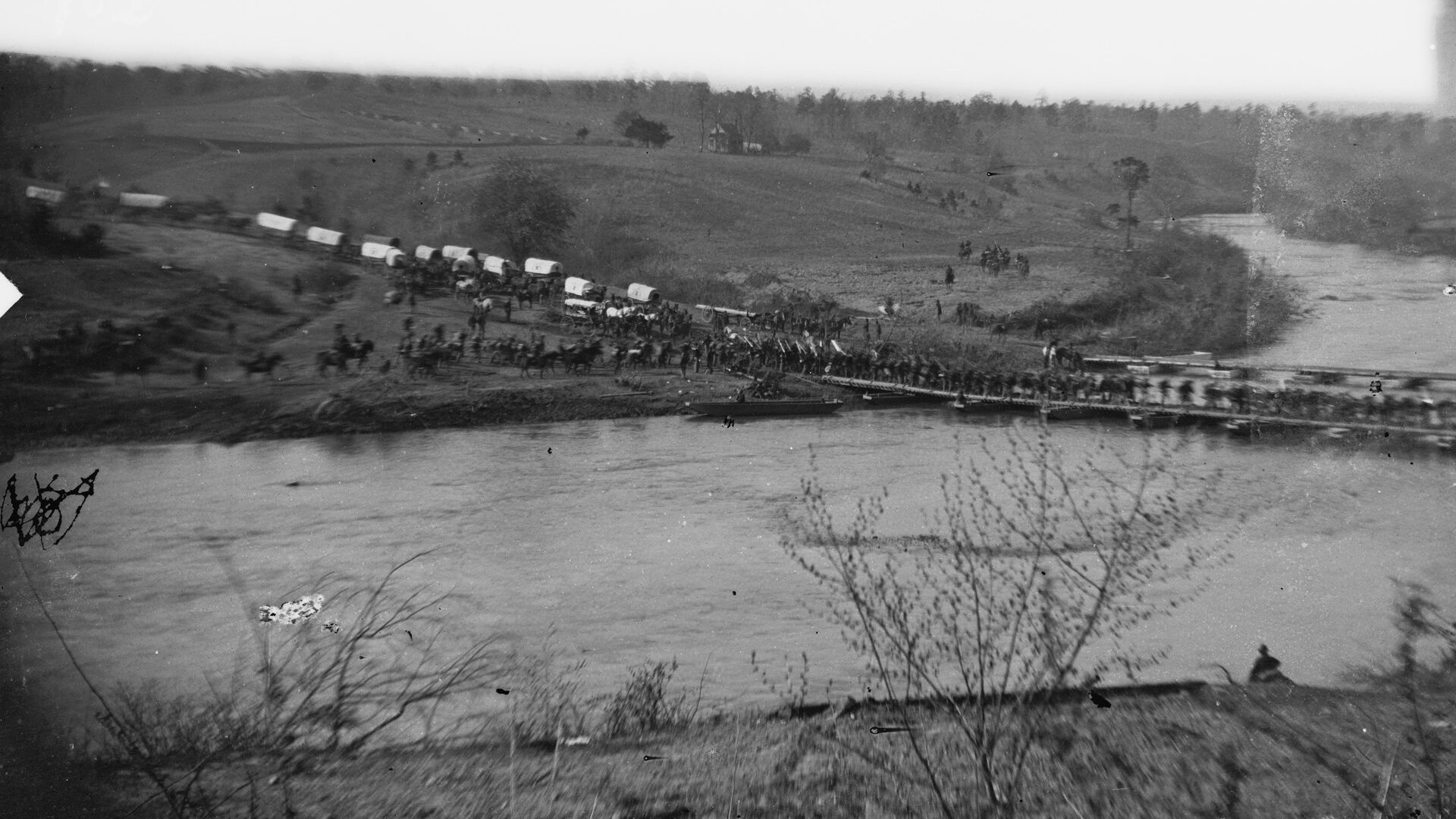 A portion of the Union Army of the Potomac is shown crossing Germanna Ford on the Rapidan River. Confederate General Robert E. Lee’s three corps made forced marches from bivouacs farther west to intercept the Federals.