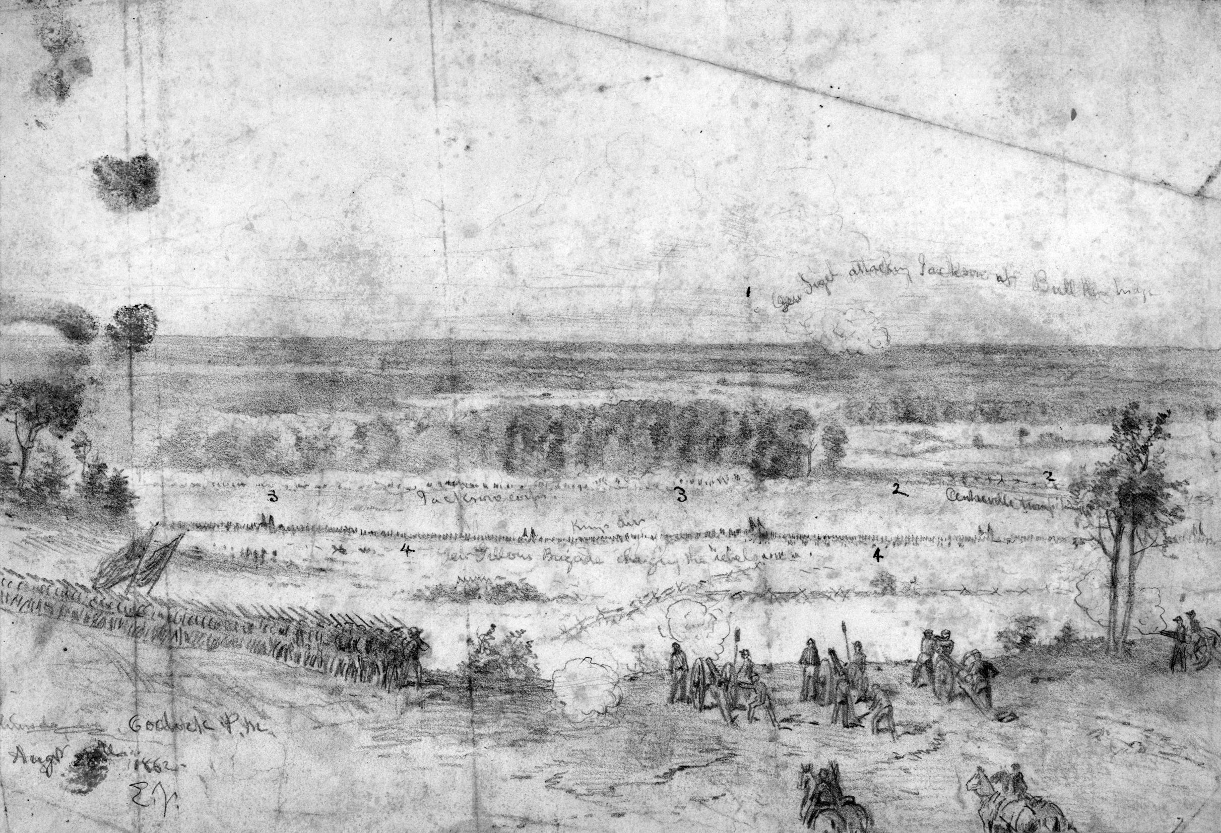 Battlefield artist Edwin Forbes sketched Brig. Gen. Rufus King’s division, in the middle distance, attacking Stonewall Jackson’s left flank. The view is looking south across the Warrenton Turnpike.