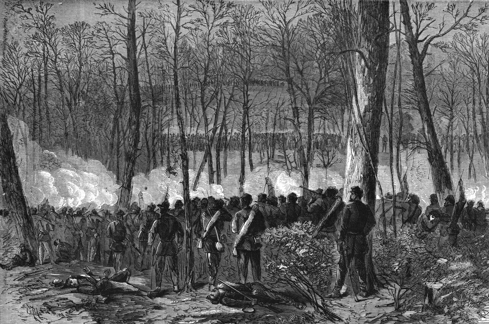 A Harper’s Weekly print published shortly after the battle depicts Union Brig. Gen. James S. Wadsworth leading his troops in the heavily forested Wilderness. Commanders on both sides found it difficult to maneuver their forces in the thick woods. 