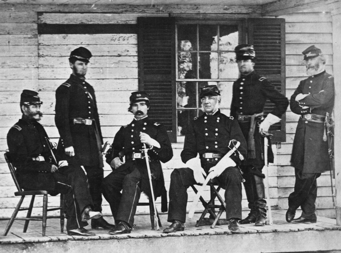 Brig. Gen. James S. Wadsworth is shown seated with a member of his staff. Wadsworth died from a Confederate bullet while trying to restore order on the Union left in the wake of Longstreet’s flank attack. 