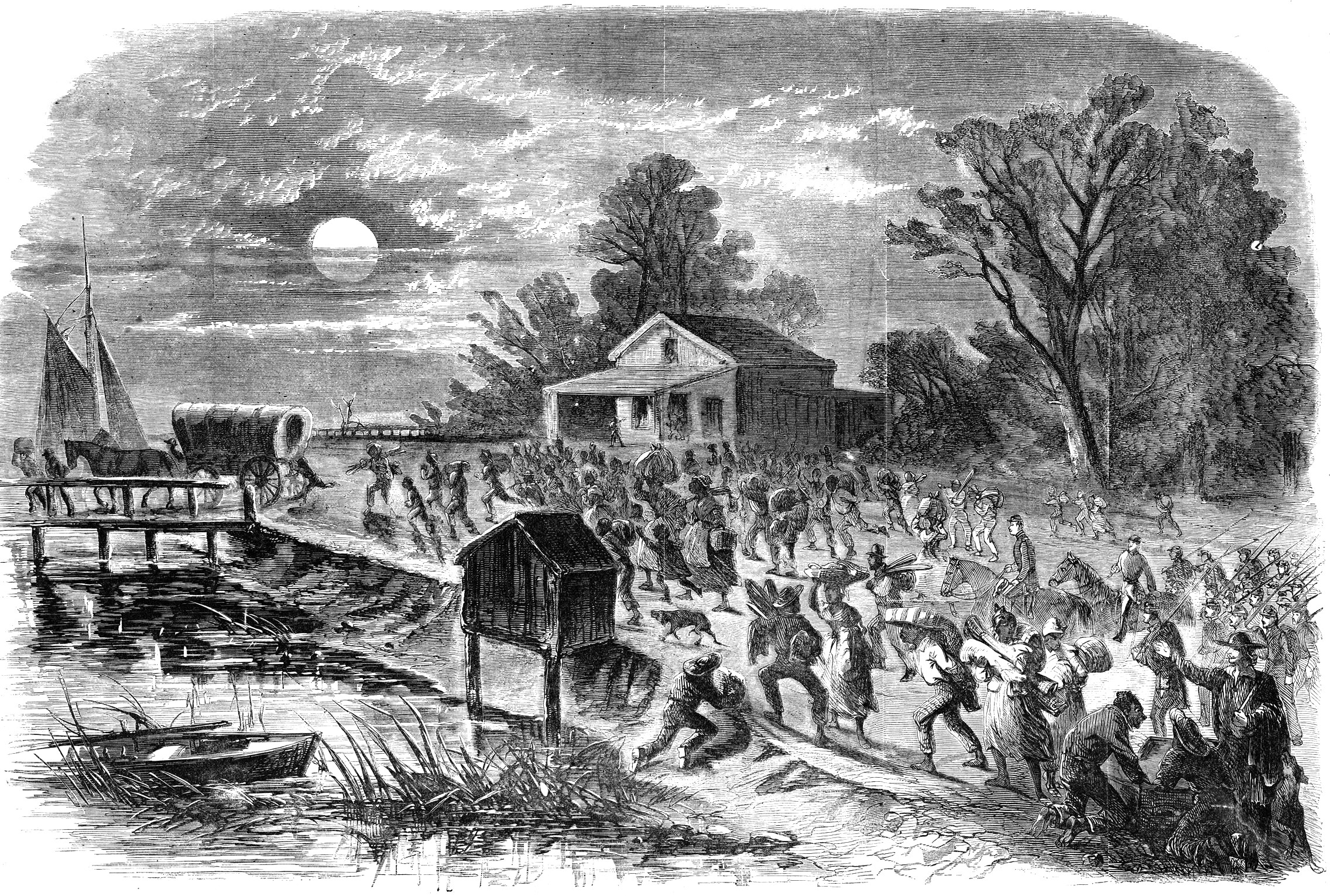 Fugitive slaves rush into Fort Monroe after learning that Butler is refusing to return them to their masters.