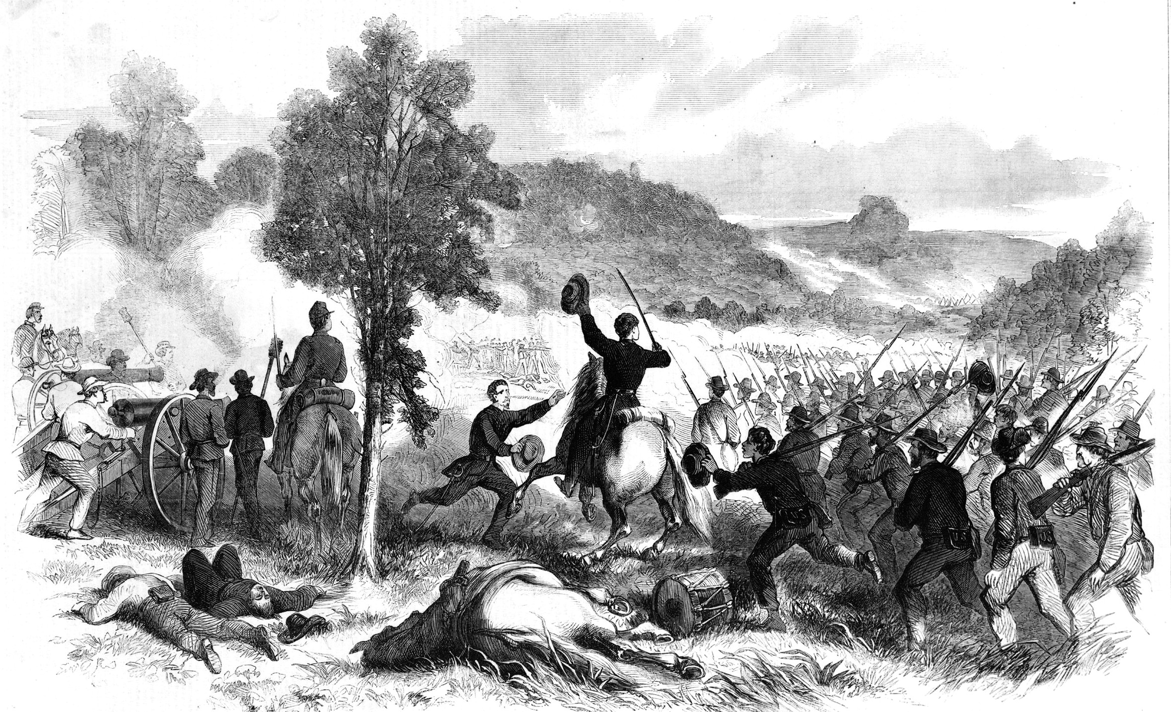 Brig. Gen. Nathaniel Lyon leads the 1st Iowa into action at the Battle of Wilson’s Creek on August 10, 1861. Lyon would become the first Union general killed in the war.