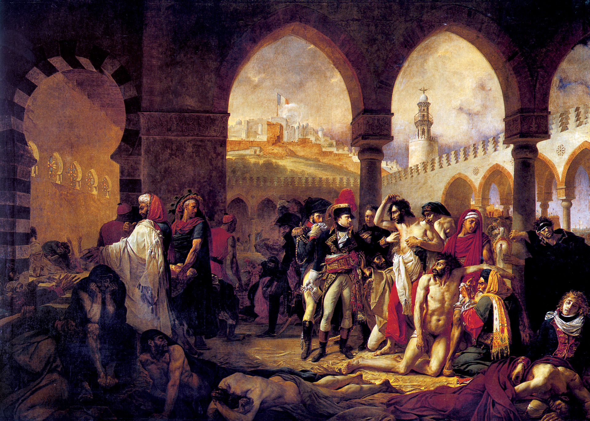 Five years after his visit to plague victims in Jaffa in 1799 during the Egypt-Syria campaign, Bonaparte commissioned a painting of the event by neoclassical painter Antoine-Jean Gros.