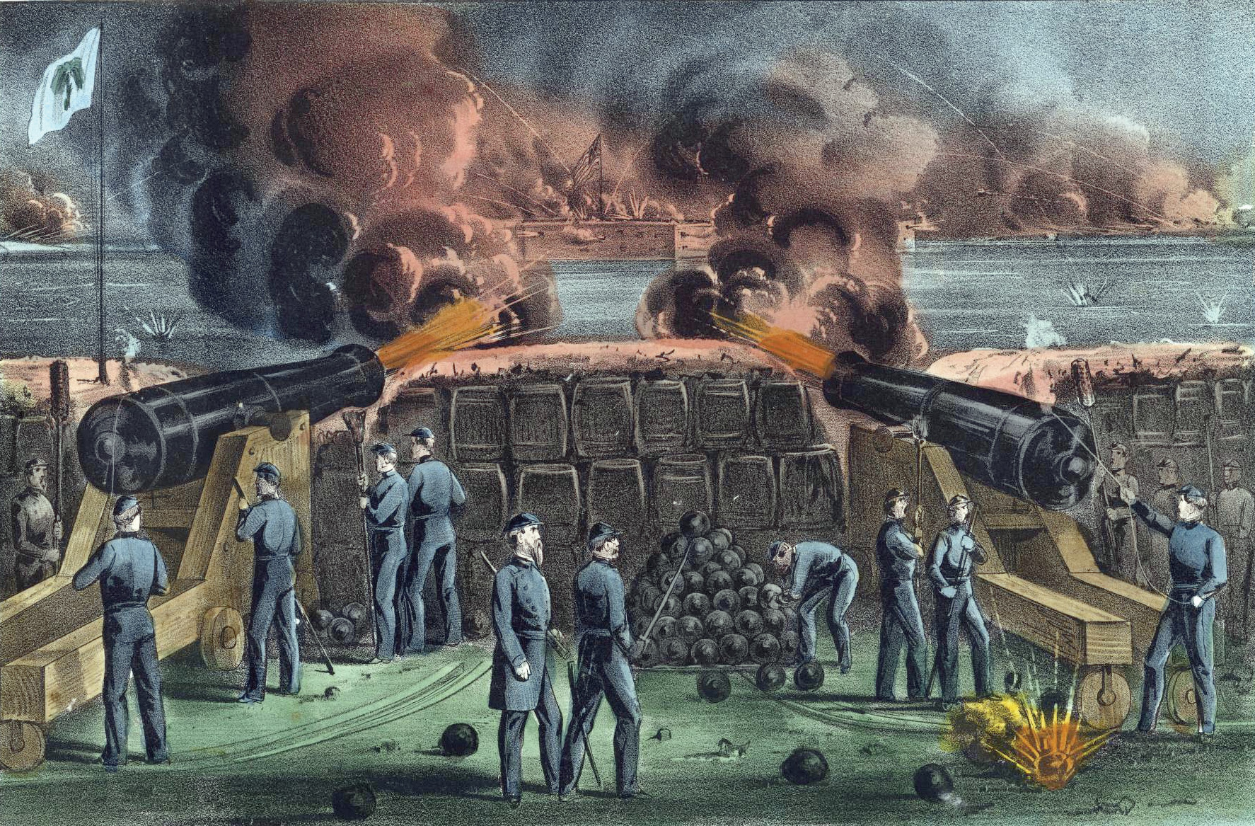 Confederate cannons firing on the fort