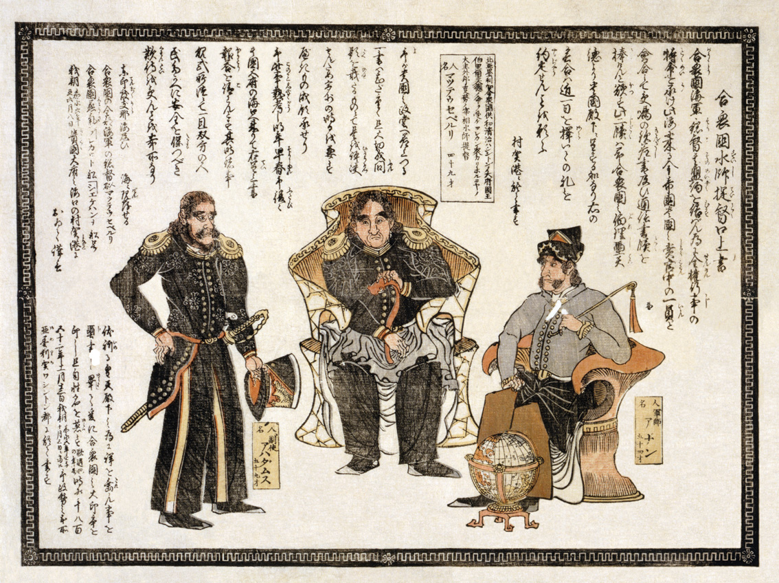 An Oriental-looking Commodore Matthew Perry, center, and other American officers as depicted by Japanese artists. Smith Lee accompanied Perry on the historic voyage. 