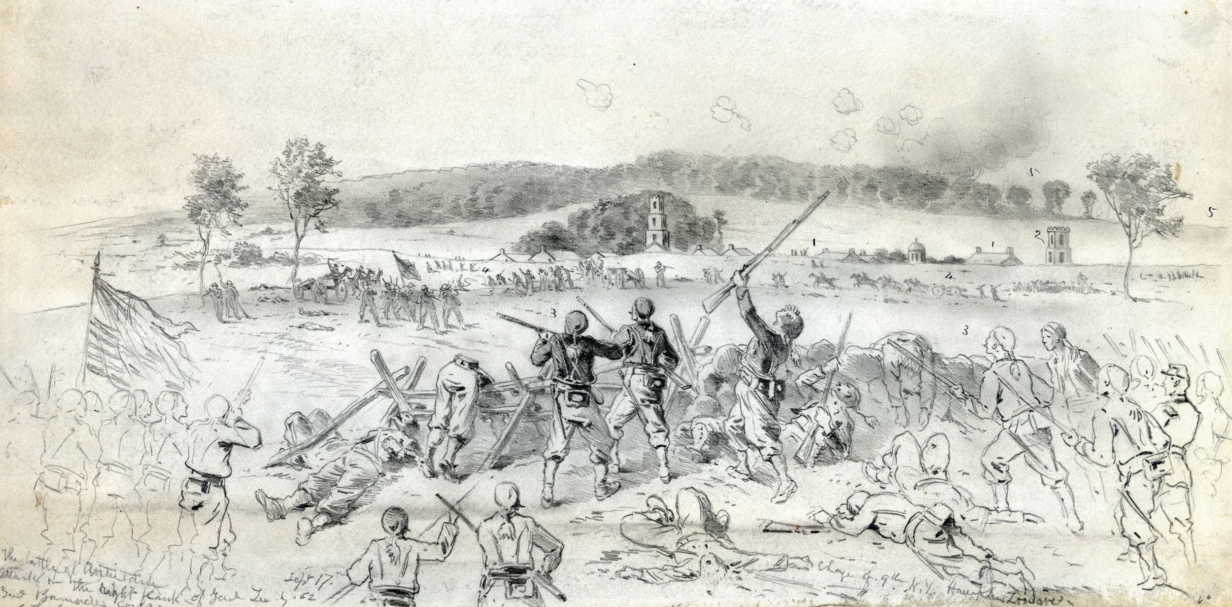 Combat artist Edwin Forbes shows the high tide of the Union IX Corps attack against Sharpsburg before it was hurled back by Maj. Gen. A.P. Hill’s Light Division.