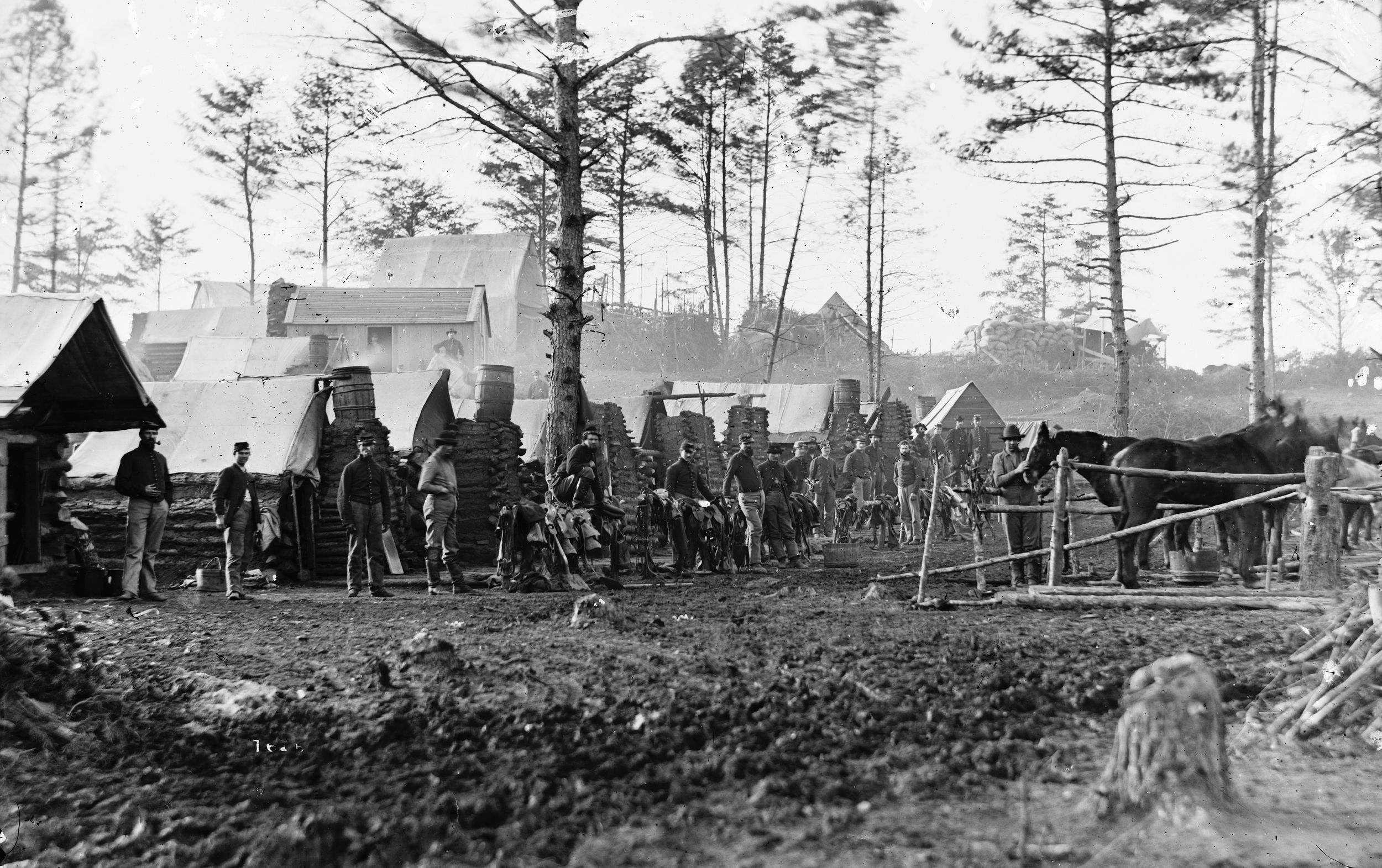 Camp of the 18th Pennsylvania Cavalry at Brandy Station, Virginia, site of the largest cavalry clash of the Civil War.