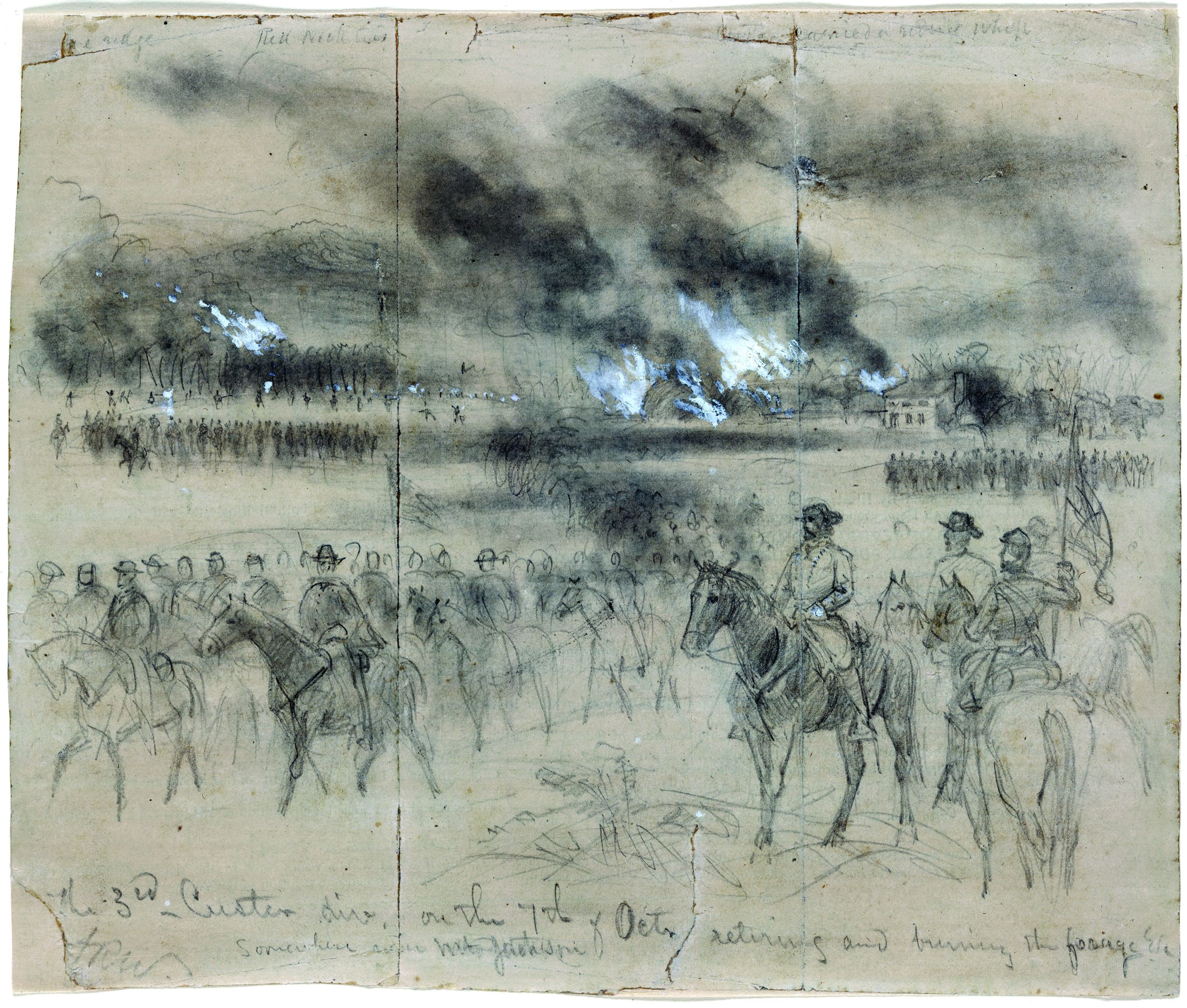 Brigadier General George Armstrong Custer and his cavalry lead two regiments of Union infantry in the field.