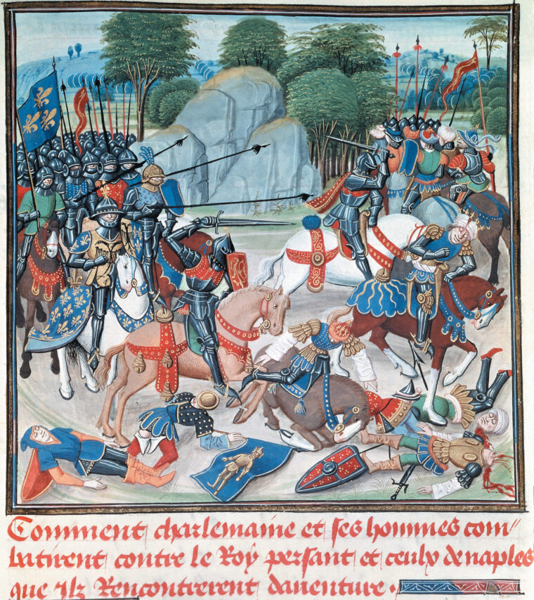 The army of Charlemagne clashes with rebellious Neapolitan forces in this fifteenth century French manuscript illumination.