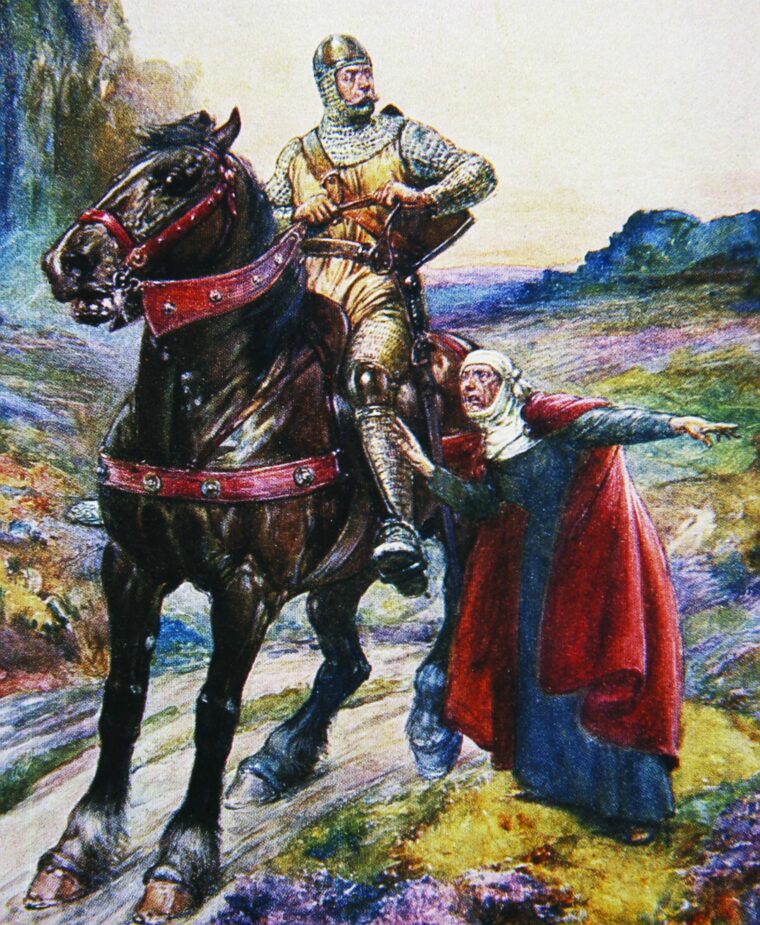 Scottish hero William Wallace is warned by a supporter not to offer battle to English invaders in this 1906 painting by J.R. Skelton. Wallace, to his sorrow, did not listen to her advice.
