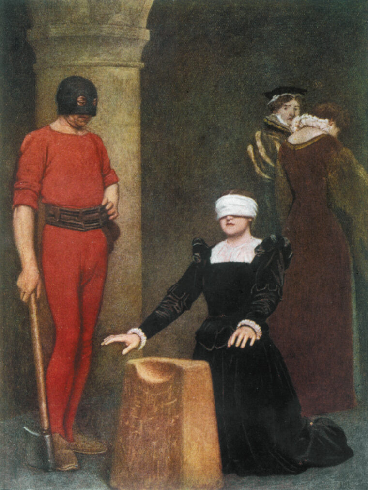 In this romanticized image, Mary Stuart, Queen of Scots kneels for the executioner. Queen Eliza- beth would later disavow any active role in her cousin’s death.