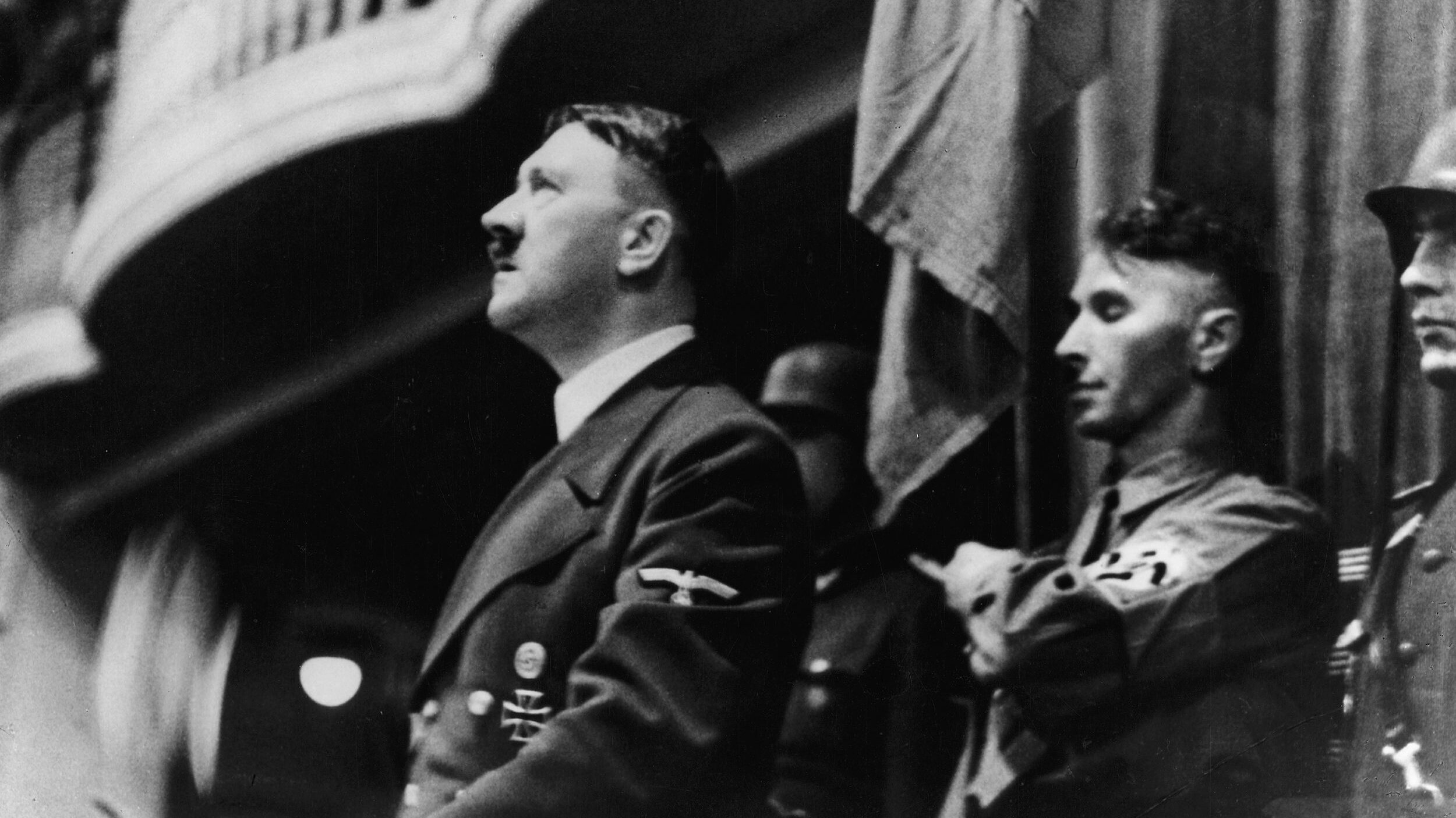 Hitler speaks at the Burgerbraukeller three months before the nearly successful attempt on his life.
