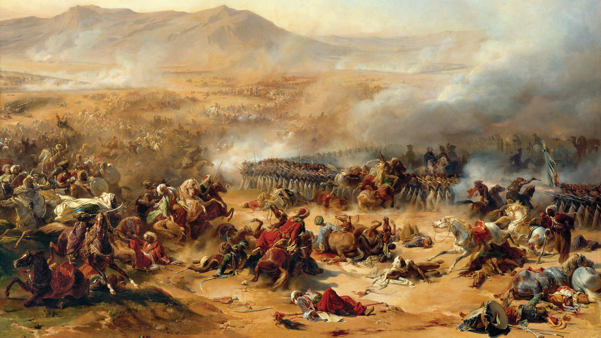 General Jean Baptiste Kleber’s French infantry form squares to defend against superior numbers of mounted Mamelukes on April 16, 1799. Kleber’s night raid on Jazzar Pasha’s camp at the base of Mount Tabor backfired when he failed to estimate how long it would take to reach the camp, and his approach was discovered at dawn.