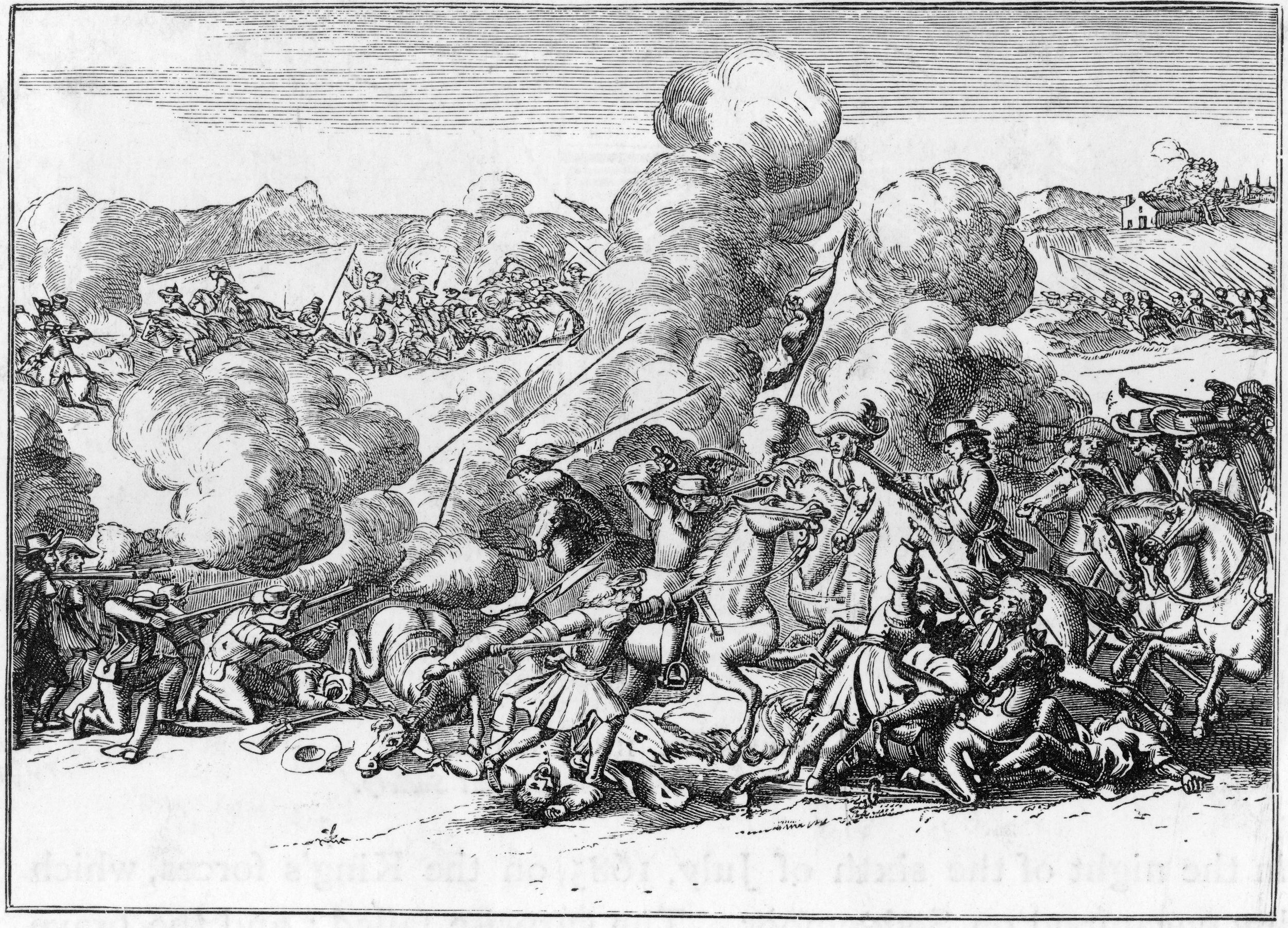The Duke of Marlborough’s royal dragoons encounter severe musket fire from rebel musketeers at the climax of the Battle of Sedgemoor.