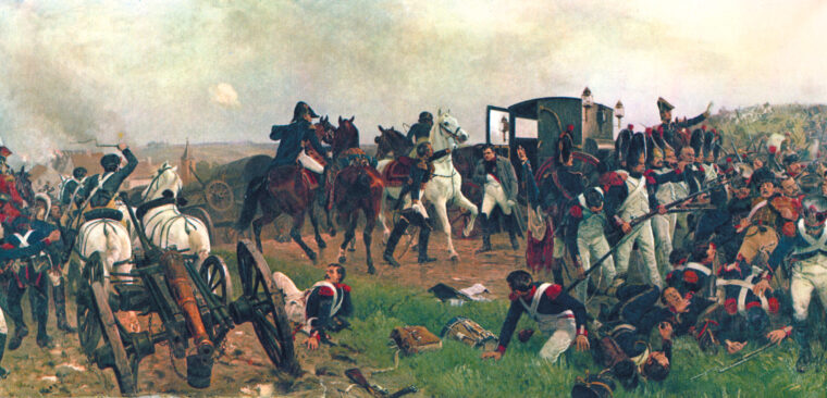 After suffering defeat at Waterloo, Napoleon prepares to flee the battle- field. His brother, Prince Jerome, stayed behind to cover his retreat.