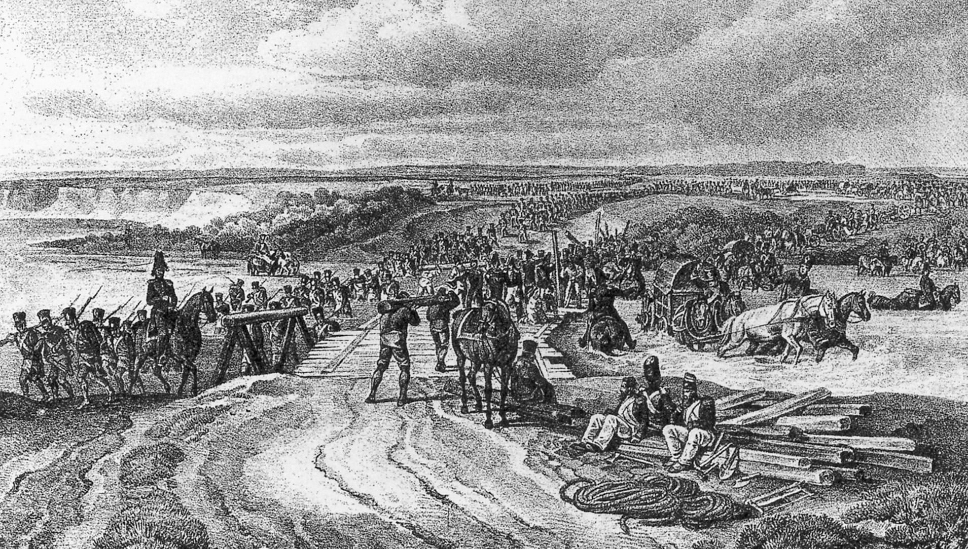 In this drawing by Albrecht Adam, French engineers erect a trestle bridge over the Dniepr River during the ill-fated invasion of Russia in 1812.