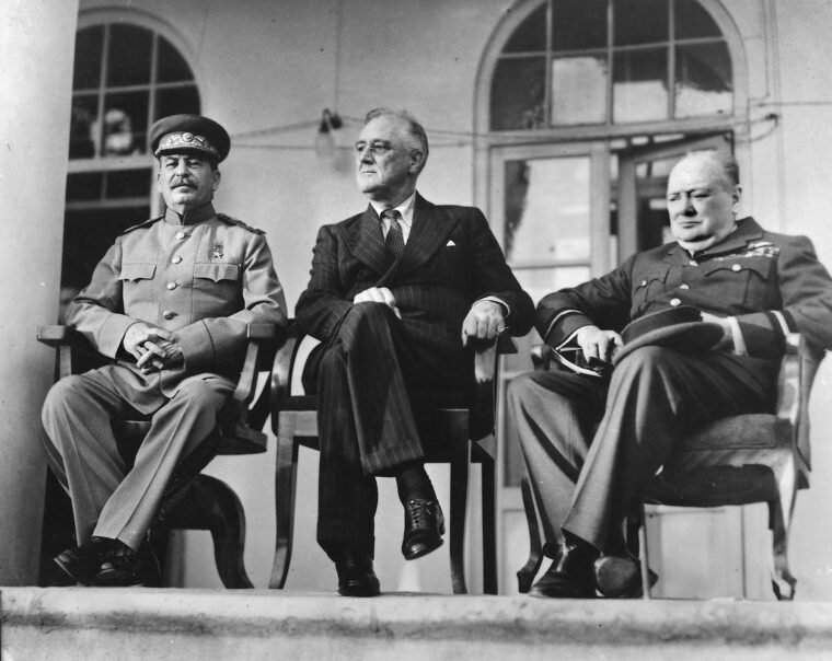 Soviet Premier Josef Stalin, U.S. President Franklin D. Roosevelt, and British Prime Minister Winston Churchill met in the Iranian capital of Tehran in late 1943. Among the topics of discussion was the opening of a second front in Western Europe.