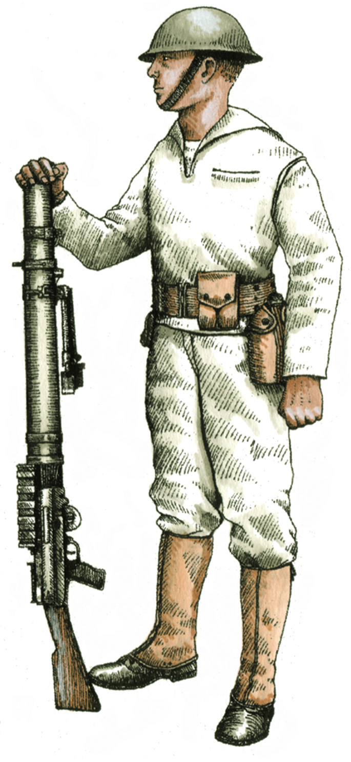 Wearing a white undress uniform with canvas leggings, this sailor is armed with a .30-caliber Lewis light machine gun. 