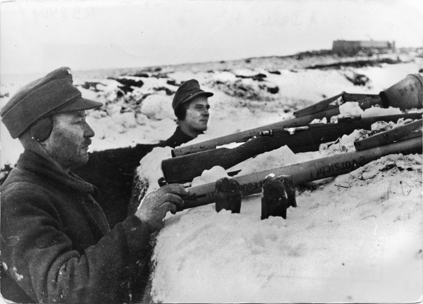Awaiting the Red Army attack that will surely come, members of a German Volkssturm unit man positions along a trenchline on the  outskirts of Königsberg on January 20, 1945.  