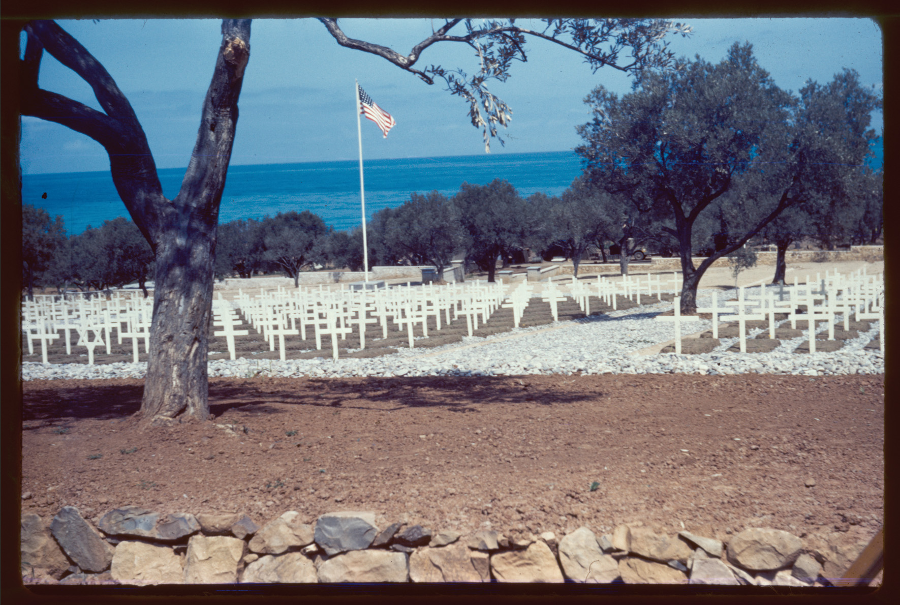 William Wilson’s color photograph of a temporary U.S. war cemetery on the northern coast of Sicily, 1944. 
