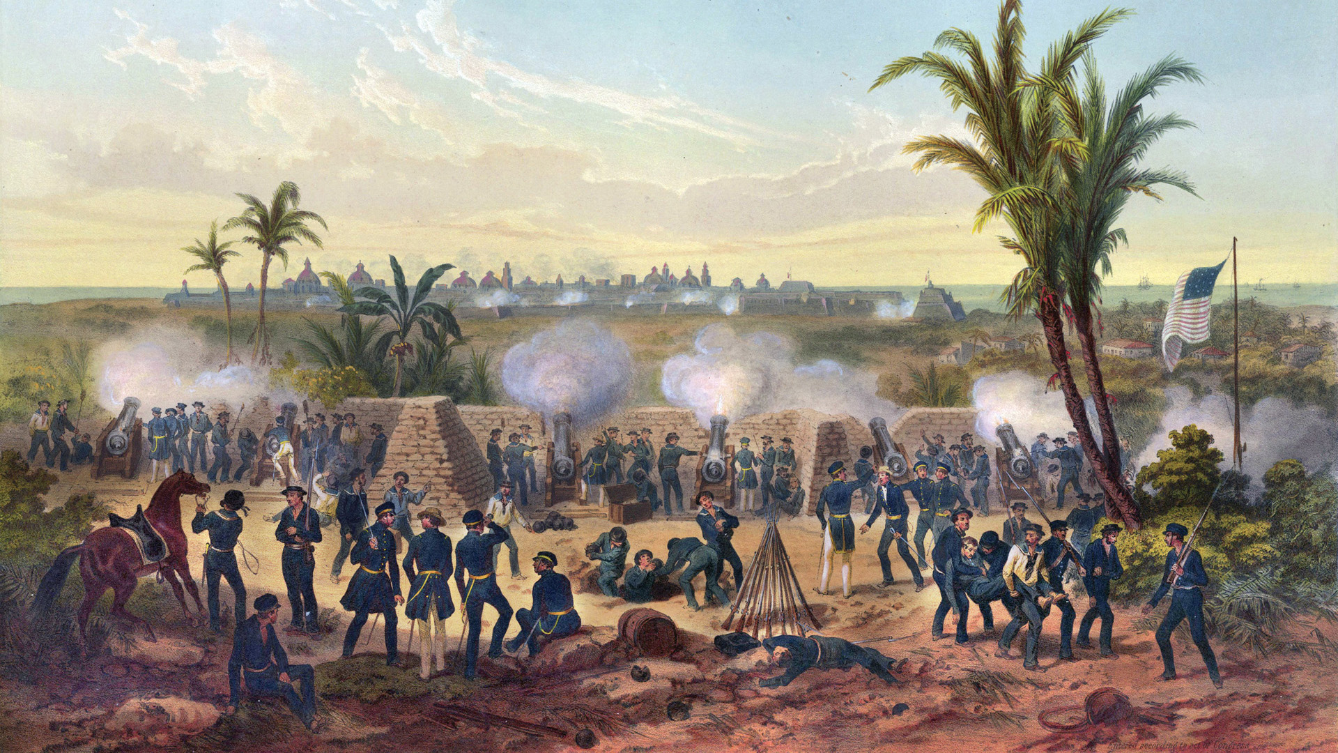 American artillery bombards the port town of Vera Cruz during the Mexican War. Smith Lee was in charge of a 24-pounder during the fight. Lee’s brother Robert also took part in the battle.