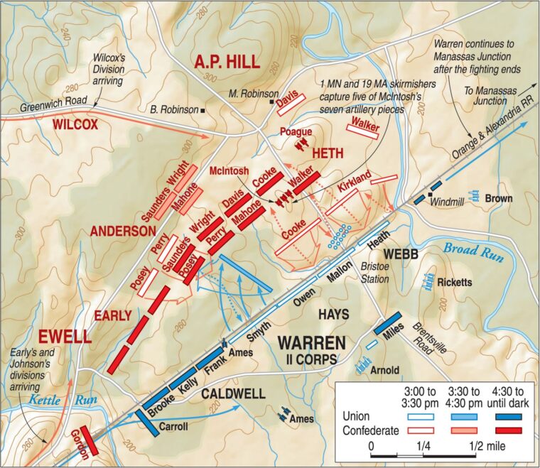 Situated four miles west of Manassas on the Orange and Alexandria Railroad, Bristoe Station was a key crossing point on Broad Run. A.P. Hill’s decision to feed more troops into the fight achieved higher casualties, but not victory.