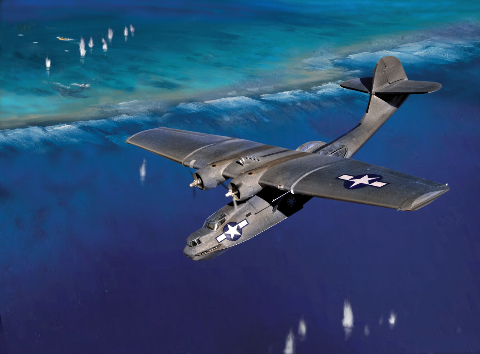 In this painting by Jack Fellows created for this story, Lieutenant Gordon prepares to land his PBY in the ocean off Kavieng to rescue downed B-25 crew members as Japanese shells splash in the water below. 