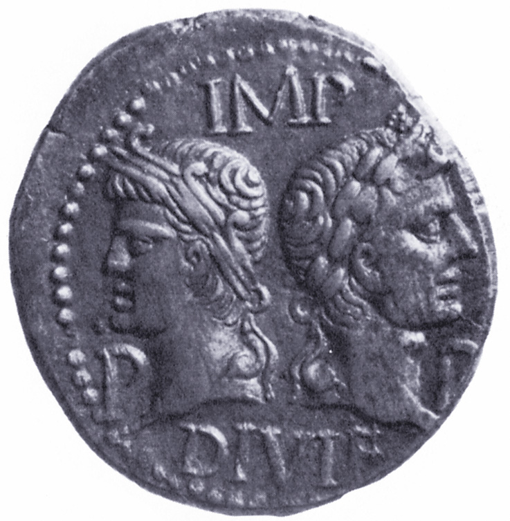 Struck as a memento of the Battle of Actium, this Roman coin bears the images of Agrippa (left) and Octavian.