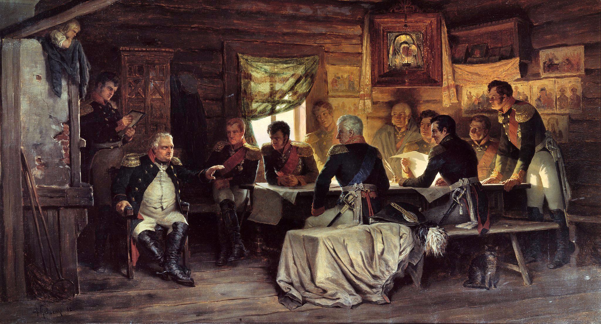 Marshal Mikhail Kutuzov conducts a council of war in a peasant’s cabin. Tsar Alexander, who detested the elderly commander, appointed him to overall command because he was widely popular with the Russian people and soldiers.