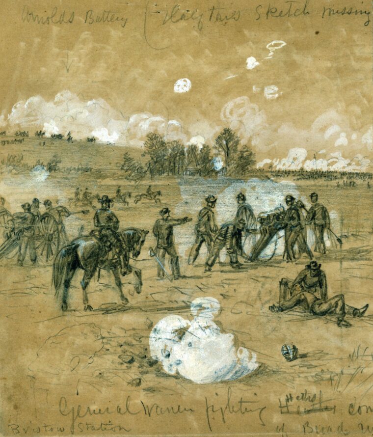 Major General Gouverneur Warren, shown on horseback, had proven himself an intuitive fighter at Gettysburg. Three months later he once again proved himself a steady commander at Bristoe Station.