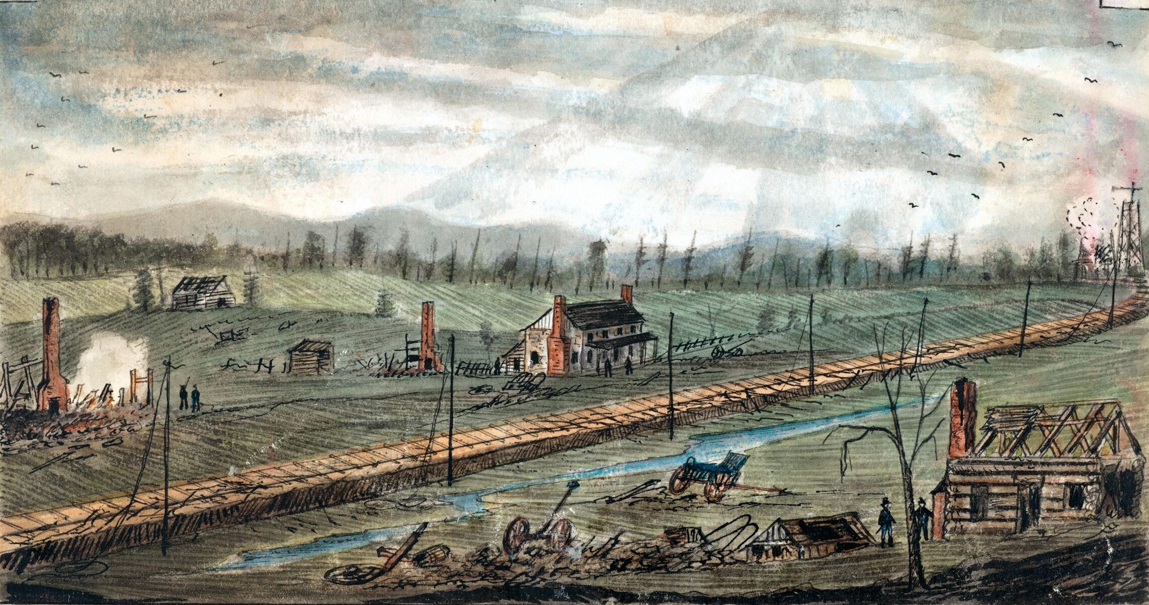 A sketch of Bristoe Station made in 1862 shows that many of the buildings had been burned to the ground during the Second Manassas Campaign.